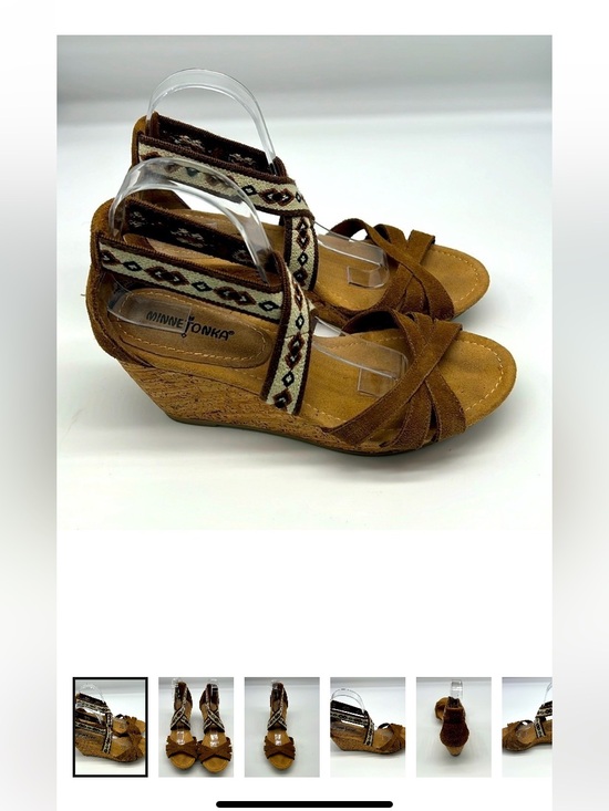Minnetonka Shoes - Minnetonka - Drew Aztec Strappy Leather Platform Wedge Sandals Size 9